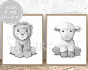 Leeuw en Lam Kwekerij, Christelijke Kinderen Kunst, Leeuw en Lam Kunst, Baby Douche Gift, Leeuw en Lam Afdrukbaar, Religieuze Baby Gift, Doopcadeau