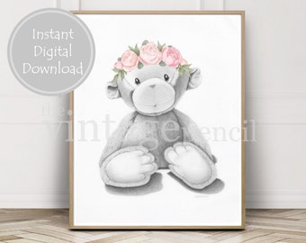 Pink Monkey Print, Girl Nursery Decor, Girl Safari Animal Print, Zoo Animal, Baby Monkey, Monkey Art, Monkey Printable, Floral Nursery Decor