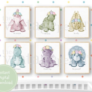 Floral Nursery Dinosaur Set, Girl Prints, Girls Room Wall Art, Girls Room, Girl Nursery, Baby Dinosaur Prints, Baby Girl Nursery,Nursery Art