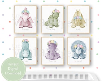May include: Six printable nursery art prints featuring cute cartoon dinosaurs wearing flower crowns. Each print has a different dinosaur and a positive message, such as "Be unique", "Be kind", "Be silly", "Be brave", "Dream big", and "Be yourself".