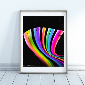 May include: A framed print with a rainbow-colored word "PRIDE" on a black background with white stars. The word is stylized with each letter being a different color of the rainbow.