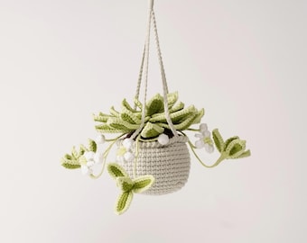 Crochet Golden Edge Orchid Hanging Basket, Handmade Orchid Plant with White Flowers, Botanical Home Decor, Plant Lover Gift