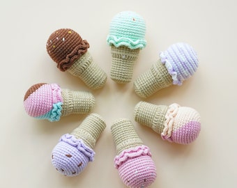 Crochet Ice Cream Cone Plush: Handmade Baby Rattle, Summer Decor