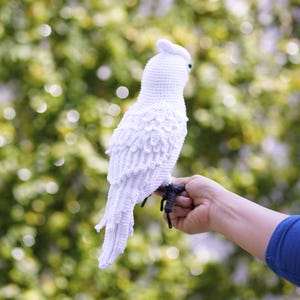 以下が含まれることがあります： 手作りの白いかぎ針編みの鳥で、羽のディテールと小さなとさかがあります。鳥は手に止まっており、その複雑なデザインを示しています。鳥の足は濃い灰色です。背景は柔らかくぼやけた緑色です。