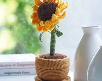 Gehaakte zonnebloem in pot: handgemaakt pluche amigurumi-decor