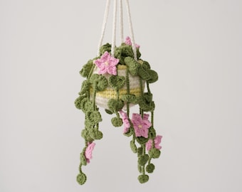 Crochet Cherry Blossom Hanging Basket, Handmade Pink Sakura Flowers, Handmade Plant Decor, Cozy Car Hanging, Housewarming Christmas Gift