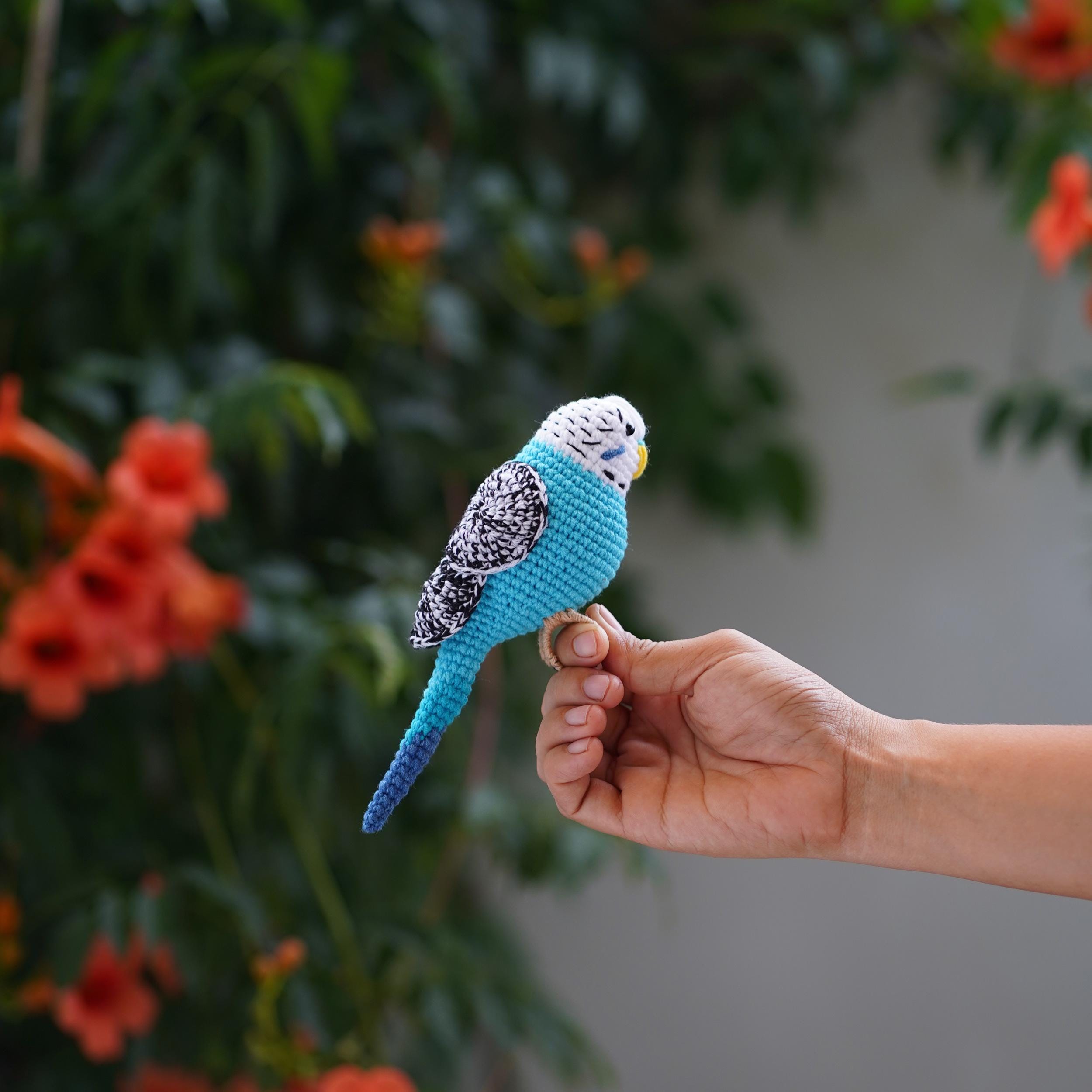 かぎ針編みのセキセイインコのあみぐるみ：手作りの鳥のぬいぐるみ 