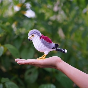 Puede incluir: Un pájaro de ganchillo hecho a mano con detalles grises, blancos y burdeos. El pájaro tiene patas amarillas y una cola con estampado en blanco y negro. El pájaro está posado en una mano sobre un fondo verde borroso.