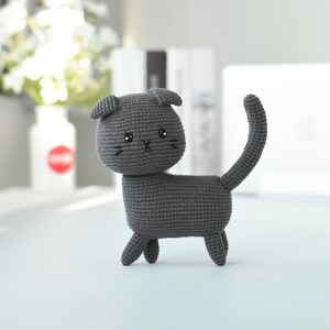 May include: A gray crocheted cat toy with black eyes and a stitched-on nose. The cat is standing on a light blue surface.