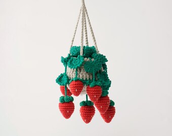 Crochet Strawberry Hanging Basket, Handmade Strawberry Plant, Amigurumi Fruit Decor, Housewarming, Mom Gift