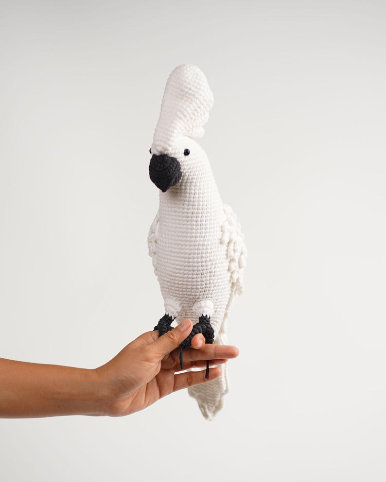 以下が含まれることがあります： 黒い嘴と足を持つ白いかぎ針編みのオウム。鳥は大きく、質感のある冠羽があり、手に止まっています。かぎ針編みの鳥は手作りのアイテムです。