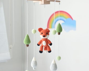 Little Fox Baby Mobile, Nursery Fox Crochet Crib Mobile - Cute Fox In The Forest Baby Crib Mobile - Baby Shower Gift