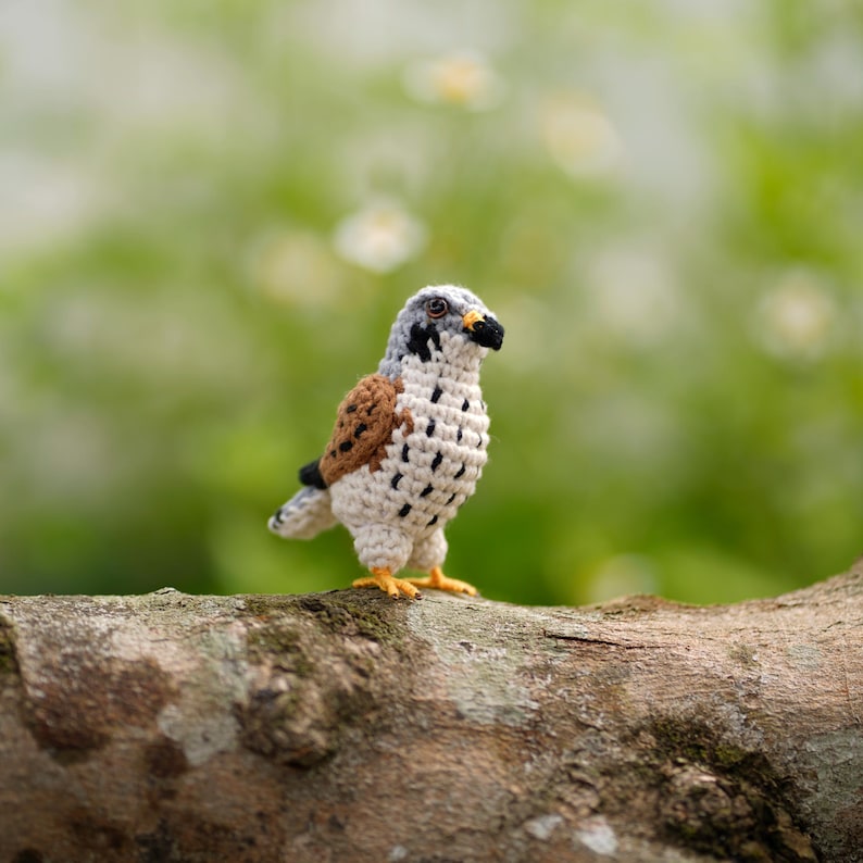 May include: A small crocheted bird figurine featuring a grey head, a brown and black patterned wing, and a cream-colored chest with black speckles. The bird has a black beak, dark eyes, and small yellow feet, standing upright on a textured surface.
