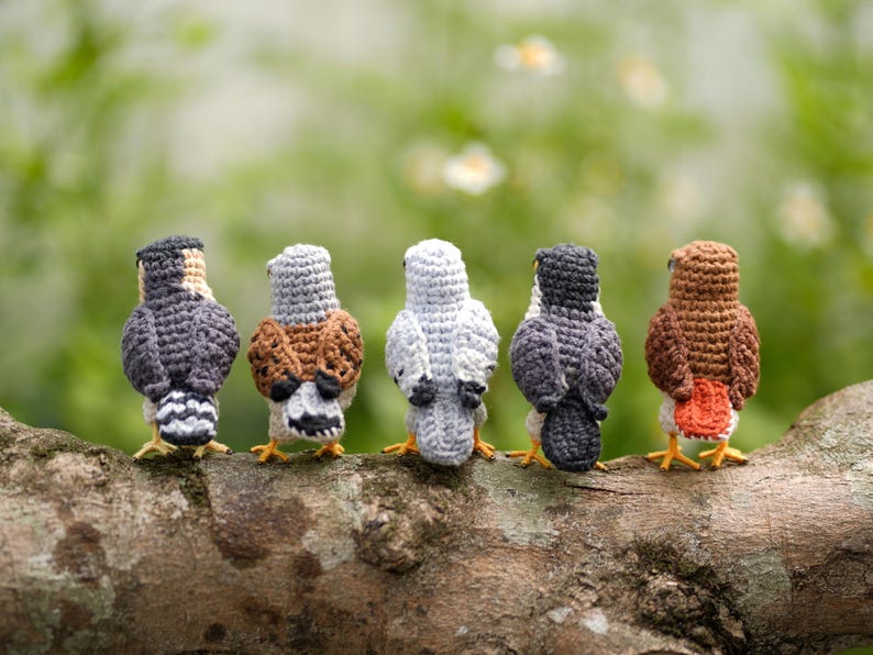 May include: Five small, handcrafted crochet birds standing in a row. The birds feature varied yarn colors including dark gray, brown, light gray, and white, each with detailed stitching, small yellow feet, and distinct tail patterns.