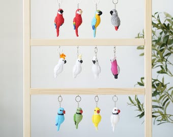 Crochet Mini Parrot Keychain – Amigurumi Macaw, Cockatoo & Ringneck Bird Keyrings – Handmade Tropical Bird Gift for Bird Lovers