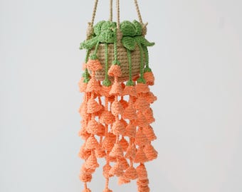 Crochet Orange Bell Flower Hanging Basket, Handmade Trailing Flower Plant, Amigurumi Botanical Decor, Plant Lover Gift