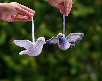 Crochet Flying Dove Pigeon Bird, Crochet Bird Hanging, Peace Dove Gift, Car Hanging Decor, Bag Charm, Christmas Tree Ornament, Nursery Decor
