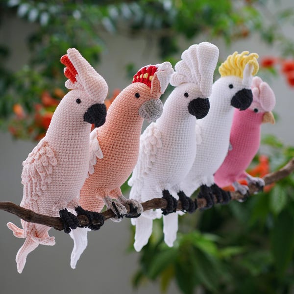 Crochet Cockatoo Parrot Plush – Handmade Sulphur-Crested , Umbrella, Citron- crested,  Major Mitchell, Galah, Moluccan Cockatoo Toy