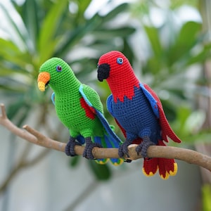 May include: Two crocheted parrots in vibrant colours perched on a branch. One is green with an orange beak, the other is red and blue with a black beak. Both have blue eyes and are made with yarn.