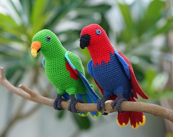 Handgemaakte gehaakte Eclectus-papegaaienamigurumi: tropisch vogeldecor