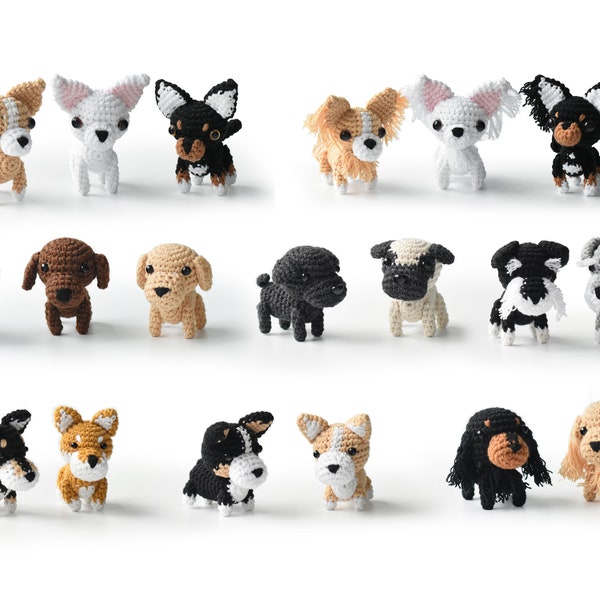 Amigurumi mini chiens au crochet - mini corgi, mini dalmatien, mini shiba inu, mini labrador, mini cocker, mini chihuahua, mini carlin...