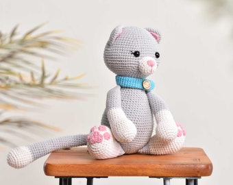 Grey Cat, Sweet Cat, Lovely Cat Crochet Amigurumi, Stuffed Animal Toy Gift - Custom Color - Best gift for her