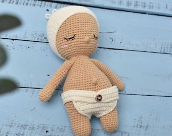 Virkad sovande babydocka: Jeansgarn Amigurumi, specialfärgad
