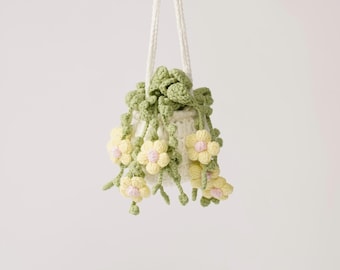 Crochet Yellow Flower Vine Hanging Basket, Handmade Plant Decor, Cozy Car Hanging, Housewarming Christmas Gift
