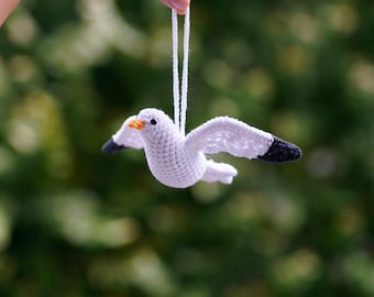 Crochet Seagull Ornament, Flying Seagull Decoration, Crochet Bird Hanging, Coastal Decor, Bird Lover Gift, Car Hanging Decor, Bag Charm