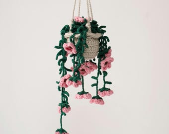 Crochet Pink Blossoms Hanging Basket, Cascading Floral Decor, Indoor Blooms Flowers, Cute Decor Gift for Plant Lovers
