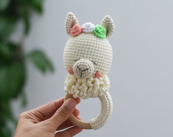 Llama Baby Rattle Crochet Gift - Natural Wooden Teething Ring - Crochet Baby Shower Gift