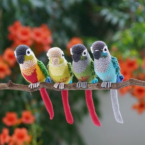 Amigurumi de conure verde a crochet: Peluche de conure turquesa y canela, hecho a mano, de cara amarilla, normal