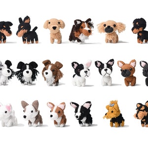 May include: A collection of 20 crocheted dog toys in various breeds and colors. The toys are all small and have realistic features, including eyes, noses, and mouths.