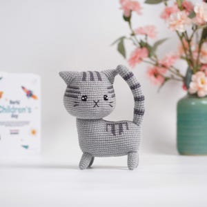 Handmade Crochet Cat Toy: Amigurumi Standing Cat - Custom Color Grey Tabby