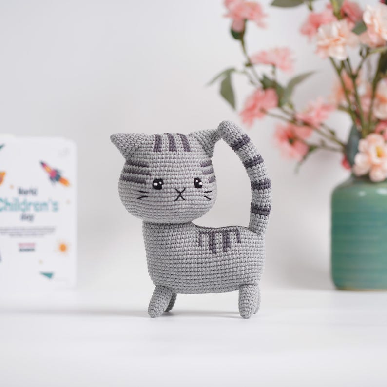 Handmade Crochet Cat Toy: Amigurumi Standing Cat - Custom Color Grey Tabby