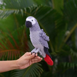 以下が含まれることがあります： 人の手に持たれた、赤い尻尾を持つグレーの編みぐるみオウム。オウムは子供と大人のための一般的なおもちゃです。