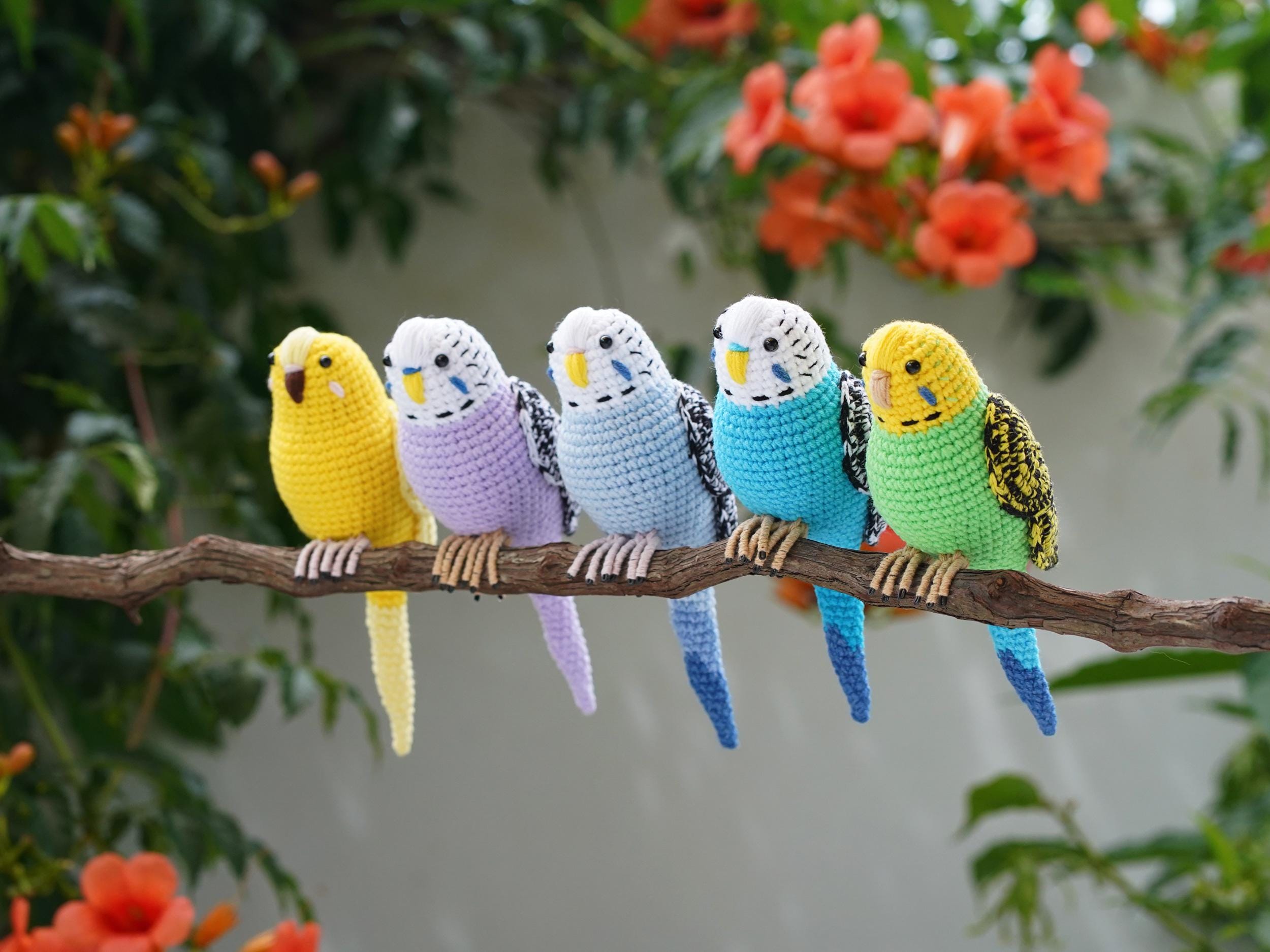 かぎ針編みのセキセイインコのあみぐるみ：手作りの鳥のぬいぐるみ