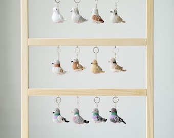 Crochet Pigeon & Dove Keychain Set – Handmade Bird Keyrings – Mini Amigurumi Dove Ornament – Pigeon Lover Gift – Cute Bird Bag Charm
