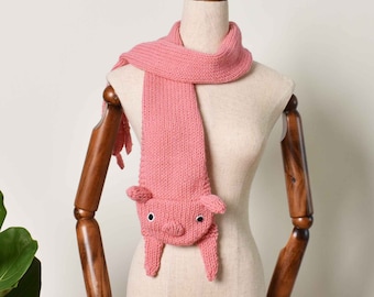 Pig Scar - Animal Hand Knit Scarf -  Accessories Gift - Pig Knitting Scarf
