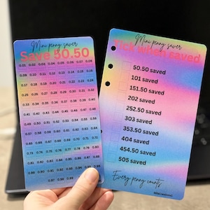 May include: Two rainbow-coloured cards with a savings tracker for pennies. The first card has a grid with numbers from 0.01 to 0.99. The second card has a list of amounts to save, starting with 50.50 and ending with 505. The text on the second card says "Mini penny saver Tick when saved" and "Every penny counts".