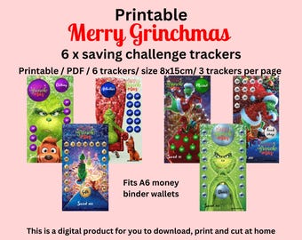 Merry Grinchmas saving challenge trackers /Digital / Printable PDF Download / 6 saving challenges / 8x15cm size