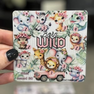 May include: A square sticker with cartoon animals wearing floral crowns, such as an elephant, zebra, giraffe, and lion. The text "Born Wild" is in pink. The sticker has a total of 20 issued.