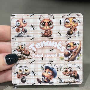 May include: A square card with cartoon ants and numbers on a checkered background, with ant illustrations. The card reads "Tenants" and "Total saved 25". The card has the text "MilaCreations" at the bottom.