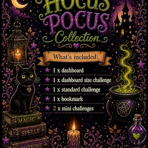 May include: A Hocus Pocus Collection graphic featuring a black cat on books, a cauldron with green smoke, a candle, and a lantern. Text lists: 1 x dashboard, 1 x dashboard size challenge, 1 x standard challenge, 1 x bookmark, 2 x mini challenges.