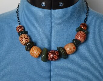 Wood Bead and Stone Necklace