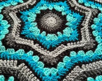 Crochet large throw. Teal, gray and black.