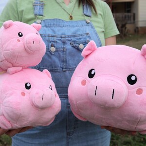 Könnte beinhalten: Drei rosafarbene Plüschschweine in verschiedenen Größen. Das größte Schwein wird vor der Brust der Person gehalten, das mittlere Schwein wird in der linken Hand gehalten und das kleinste Schwein wird auf das mittlere Schwein gestapelt.