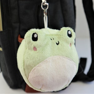 May include: A light green plush frog keychain with embroidered eyes, a pink nose, and a white belly. The frog is attached to a silver keychain.