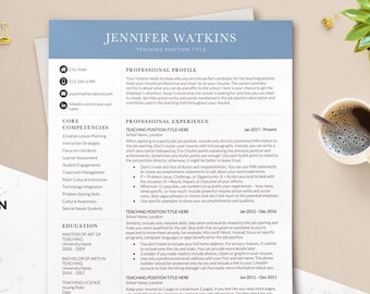Professional Modern Resume Template for a Teacher Job, Clean Resume Template in Word for Experienced Teachers and Educators in Blue Color