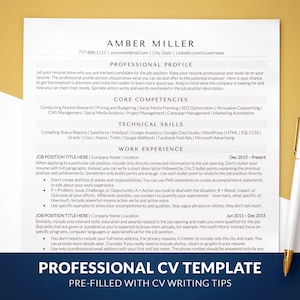 May include: A professional CV template with tips for writing a CV. The template includes sections for professional profile, core competencies, technical skills, and work experience. The template also includes tips for writing effective bullet points and using PAR statements.